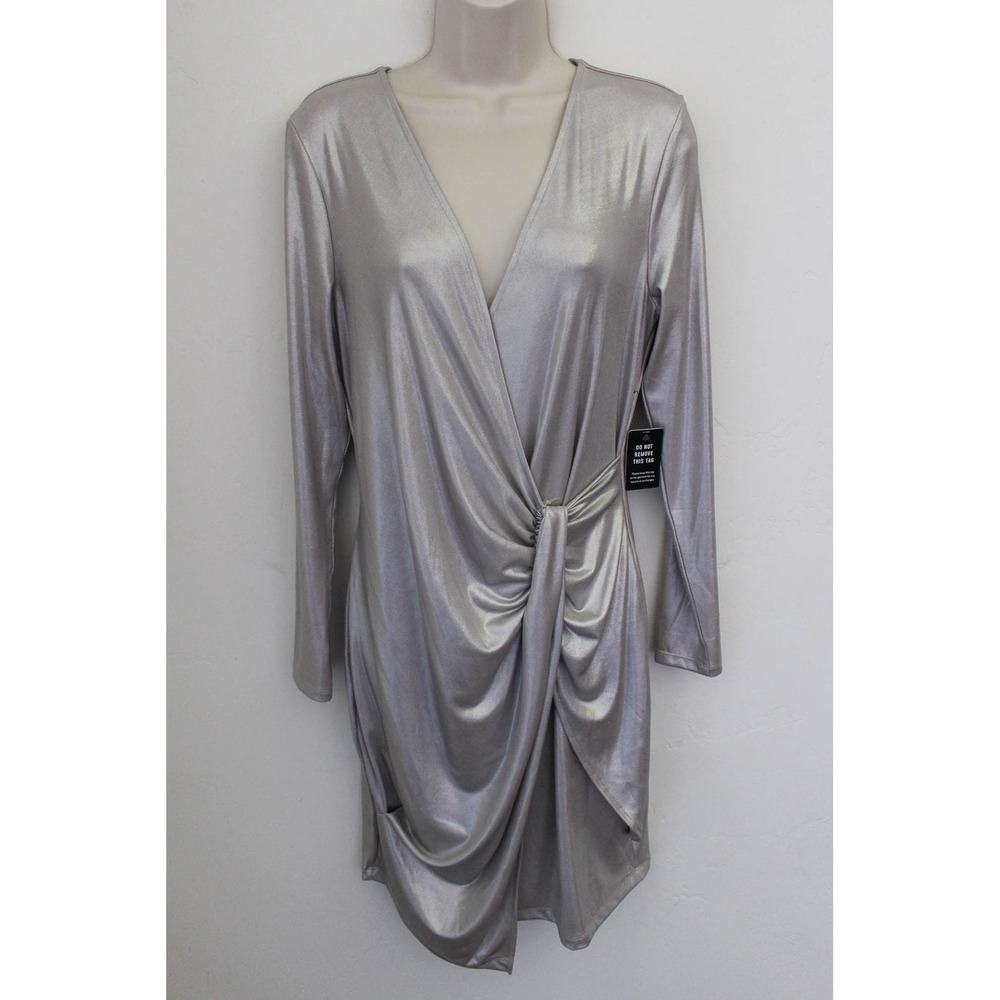 Express Dress Medium Silver Metallic Faux Wrap Long Sleeve V-Neck Draped Evening